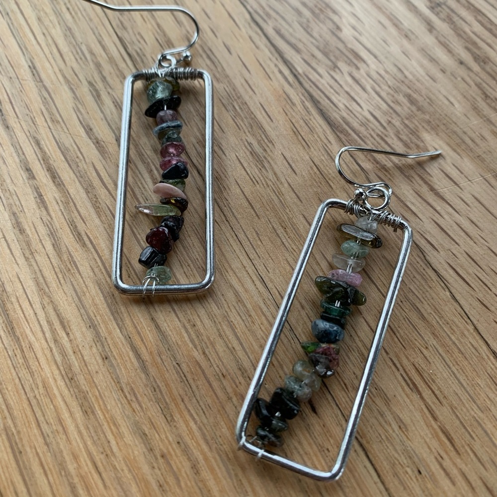 Unique Rectangular Earrings With Stone Beads - image 1